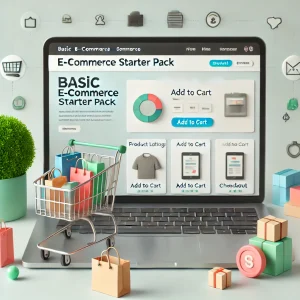 Illustration d'un site e-commerce Starter Pack sur ordinateur portable avec caddie, sacs shopping et fiches produits