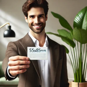 Un homme souriant tient une carte commerciale de format 55x85mm, avec des lignes pour les informations personnelles.